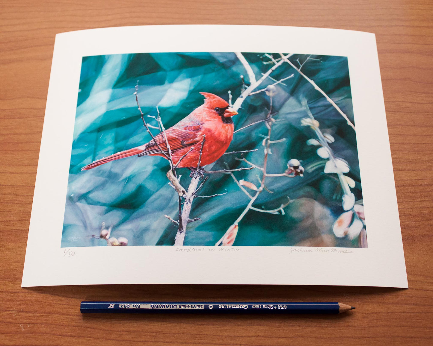 Signed fine art print by artist Joshua Martin of Cardinal in Winter.