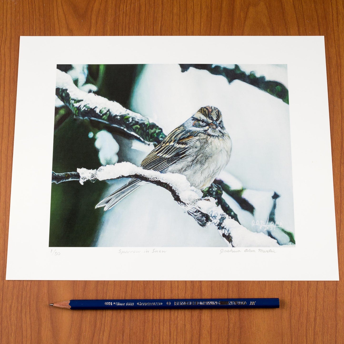 Signed fine art print by wildlife artist Joshua Martin of Sparrow in Snow.